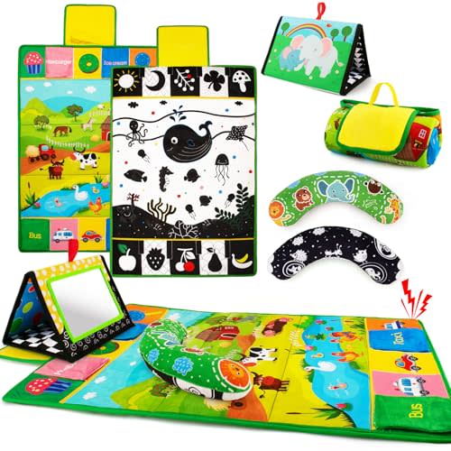 Inbeby Tummy Time Mirror & Play Mat & Pillow 3-in-1, High Contrast Black and White Baby Toys, Activity Mat for Early Education, Newborn Infant Tummy Time Toy Set for 0 3 6 12 Month Crinkle/Squeake
