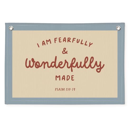 Kids Room Decor - Bible Verse Wall Hanging, 'I am Fearfully and Wonderfully Made' Linen Banner, Canvas Decoration for Classroom, Nursery - Blue