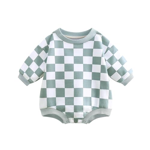 Bafeicao Baby Boy Girl Checkerboard Sweatshirt Romper Organic Cotton Checkered Bubble Romper Oversized Long Sleeve