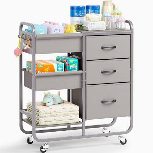KINGRACK Baby Diaper Caddy Organizer and Storage Cart with Cloth Drawers | 3 Tier Metal Rolling Cart, 2-in-1 Large Capacity Mobile Utility Cart for Nursery, Bedroom, Changing Table & Crib
