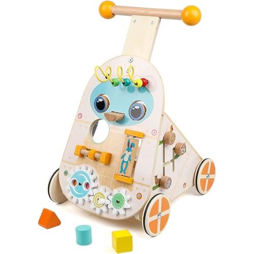 Wooden Push Walker, Adjustable Speed Baby Push Walker Activity Center Toys, Wooden Baby Walker Push and Pull Learning Activity Walker, Learning & Walking Toy for Boys Girls
