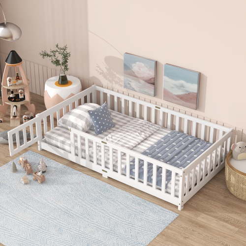 uhomepro Kids Twin Floor Bed with Fence & Door, House-Shaped Wood Low Beds, White