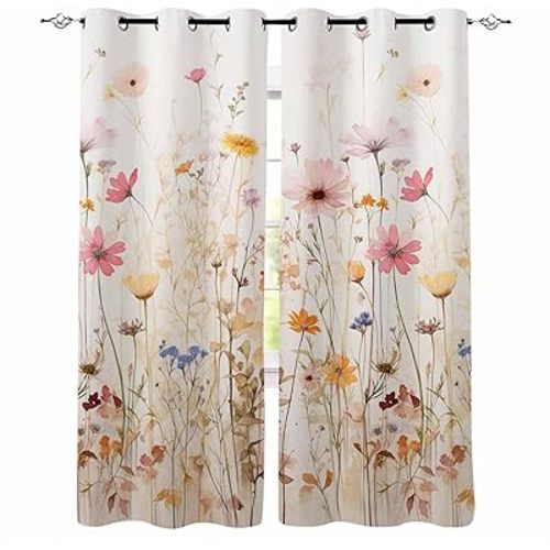 Wildflower Blackout Curtains 63 Inches Long for Bedroom, Thermal Insulated Room Darkening Black Out Window Curtain Panels Grommet Drapes for Living Room, Romantic Vintage Botanical Plant Herb 84x63