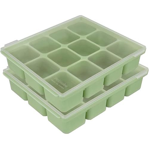 Baby Food Storage Silicone Cubes with Clip-On Lid Freezer Tray Baby Food Soups Purees Ice Safe Design Made in Korea (12cubes 1.5oz, Celadon Green Set of 2)