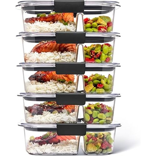 Rubbermaid Brilliance Meal Prep Containers, 2-Compartment Food Storage Containers, 2.85 Cup, 5-Pack, BPA-Free, Clear/Grey