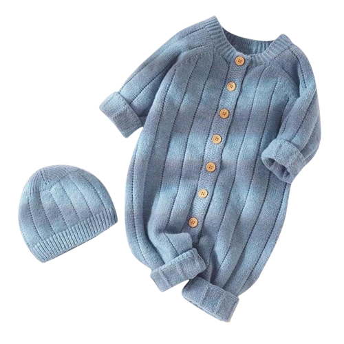 Lenpel Unisex Newborn Clothes Infant Baby Long Sleeve Button down Knitted Romper Warm Hat Set Fall Winter Outfits
