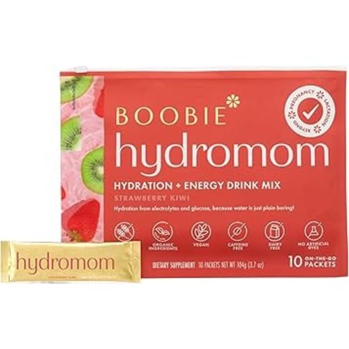 Boobie Hydromom Superfood Electrolyte Drink Mix, Strawberry Kiwi | Refreshing Energy & Hydration Boost for Mamas | On-The-Go & Travel Essentials for Pregnancy, Lactation, & Beyond, 10 Packets