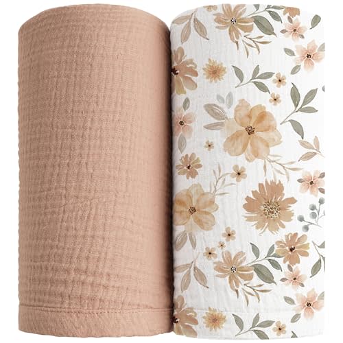 Konssy Muslin Swaddle Blankets for Boys Girls, 2 Pack Receiving Baby Blanket Large 47 x 47 inches, Soft Breathable Swaddling Wrap for Unisex Newborn (Flourish, Toffee)