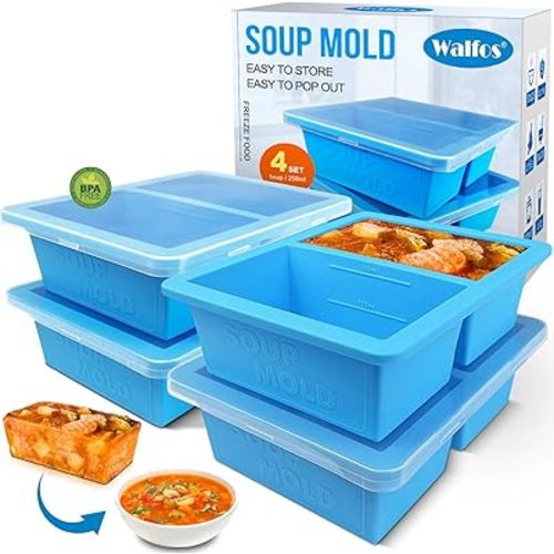 Walfos 1-Cup Silicone Freezer Molds with Lid, 4 Packs Soup Freezer Ice Cube Tray For Food, Silicone Food Freezing Container For Storing and Freezing Soup, Broth, Sauce and Ice.