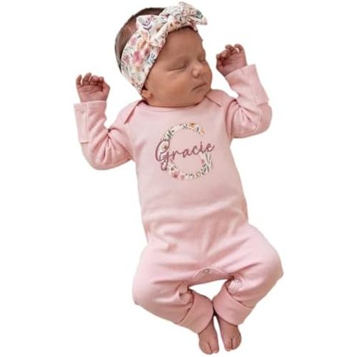 Linkababy Personalized Baby Girl Coming Home Outfit, 100% Cotton Embroidered Romper, Headband, Bow, Baby Shower, Newborn 0-3M