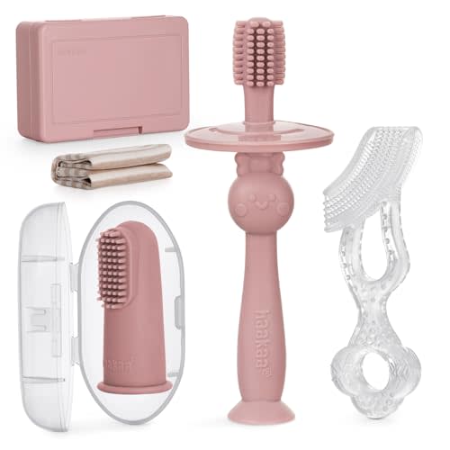 haakaa Training Toothbrush Set Oral Care Kit, Soft Silicone Toothbrush for Baby, Infants, Toddlers & Kids, Blush