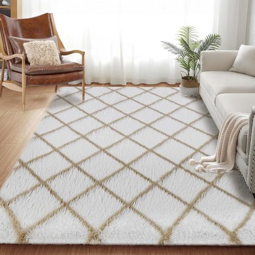 Fluffy Rug for Bedroom, 5X7Feet Stripe Checkered Rug Anti-Skid High Pile for Living Room Bedroom Kids Room Nursery, Dorm Home Decor