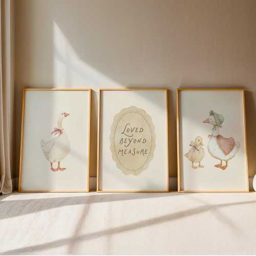 Vintage Goose Nursery Wall Art Set of 3, Duck Prints, Neutral Storybook Baby Room Decor