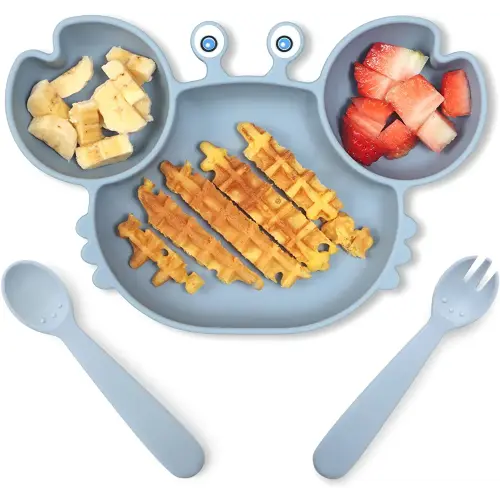 ROCCED [Upgraded] Suction Plates for Baby, Silicone Plates with Suction Divided, Baby Spoon Fork Set for Toddler Baby Dishes Kids Plates and Utensils-Crab Dark Blue