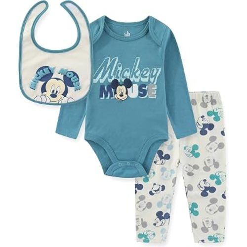 Disney Mickey Mouse Baby Boys Long Sleeve Bodysuit with Bib and Pants Set