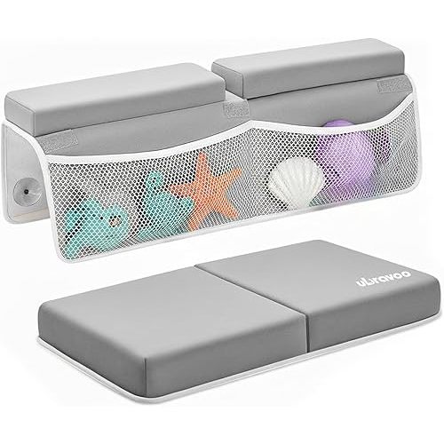 UBRAVOO Baby Bath Kneeler with Elbow Rest Pad, Non-Slip Foam Mat, Quick-Drying Cushion, Foldable Bathtub Support with Toy Storage Pockets for Parents (Gray)