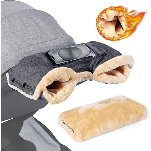Orzbow Faux Sheepskin Stroller Gloves with Phone Pockets, Winter Extra Thick Mittens for Baby Stroller, Cozy & Warm, Anti-freeze Hand Muff Easily Attaches to Stroller for Parents Caregivers, Dark Gray