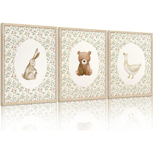 VZKRHPGA 3Pcs Animal Nursery Wall Art Cute Goose And Bunny Bear Painting Picture Wall Decor Pink Printed Retro Animals Poster Print Artwork for Kids Boys Room Bedroom Decorate,Unframed