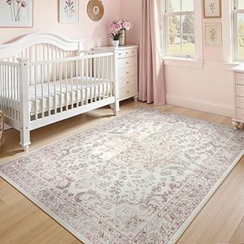 Wonnitar Vintage Floral Rugs for Bedroom Girls, 5x7 Washable Pink Nursery Rug for Baby, Ultra-Thin Non Slip Soft Medallion Carpet for Aesthetic Decor Toddler Kids Room Living Room