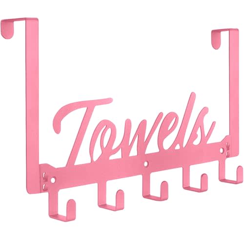 Over The Door Hooks, Towel Rack for Bathroom Towel Holder for Hanging Heavy Duty, Over Door Hanger with 5 Coat Hooks for Bedroom Bathroom Kitchen Towels, Pink