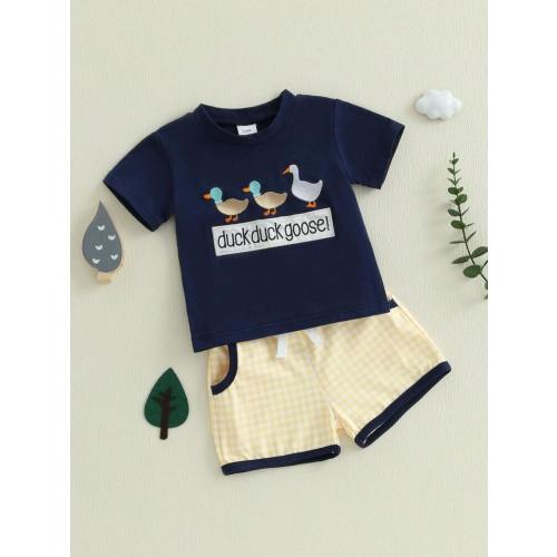 Toddler Boys Summer Outfits Letter Duck Embroidery Round Neck Short Sleeve T-Shirts Plaid Elastic Waist Shorts 2Pcs Clothes Set | SHEIN USA