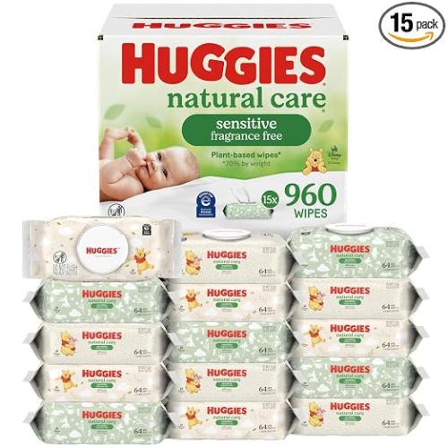 Huggies Natural Care Sensitive Baby Wipes, Unscented, Hypoallergenic, 99% Purified Water, 15 Flip-Top Packs (960 Wipes Total)