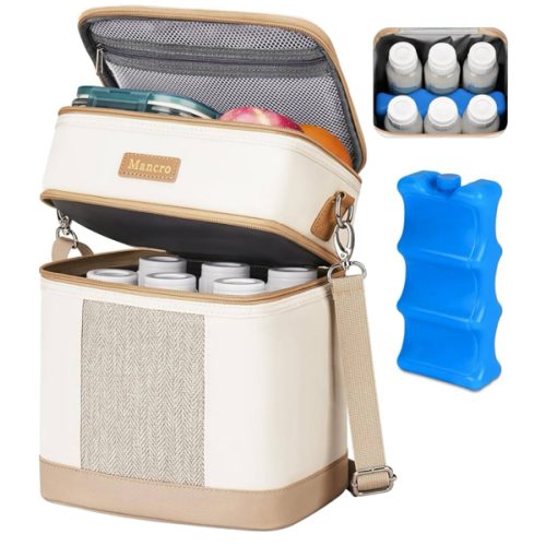 Mancro Breastmilk Cooler Bag with Ice Pack, Double Layer Insulated Baby Bottles Bag Fits 6 Bottles Up to 9 Ounces, Portable Breast Pump Cooler Travel Bag for Daycare and Nursing Moms, Beige