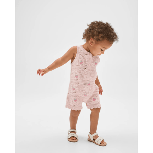 Baby Organic Cotton Crochet Knit Romper - Strawberry Pink