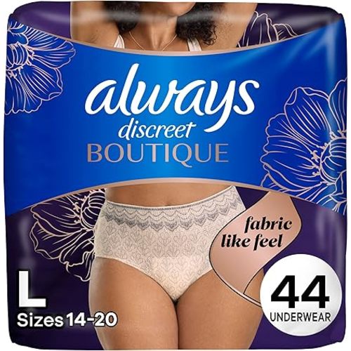 Always Discreet Boutique Incontinence and Postpartum Underwear for Women, Maximum Protection, Large, Rosy, 44 Count (2 Packs of 22)