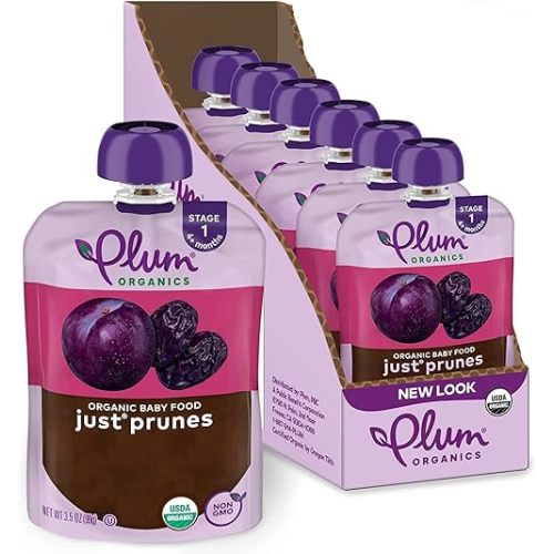 Plum Organics Just Prunes, 4+ Months - Organic Baby Food Pouches, 3.5 oz Pouch (Pack of 6)