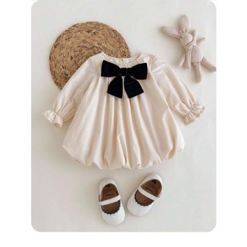 SHEIN Newborn Baby Girl Cute Summer Elegant Apricot Bow Loose Long Sleeve Dress Baby Girl Cream Dress Baby Girl Puff Sleeve Dress Baby Girl Vintage Dress Baby Girl Special Occasion Dress Baby Girl Bow Dress Fall Winter | SHEIN USA