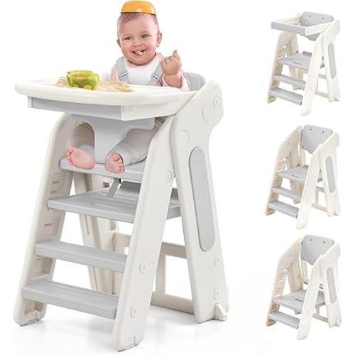 4-in-1 Convertible Toddler Step Stool, Adjustable Height Toddler Tower, Foldable Standing Tower with Safety Fence & Removable Dining Tray, Kids Step Stool for Kitchen Counter Bathroom Sink (Grey)