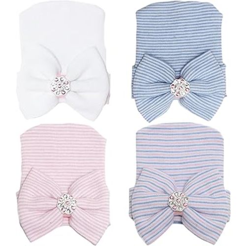 DRESHOW BQUBO 4 Pack Newborn Hospital Hat Infant Baby Hat Cap with Big Bow Soft Cute Knot Nursery Beanie