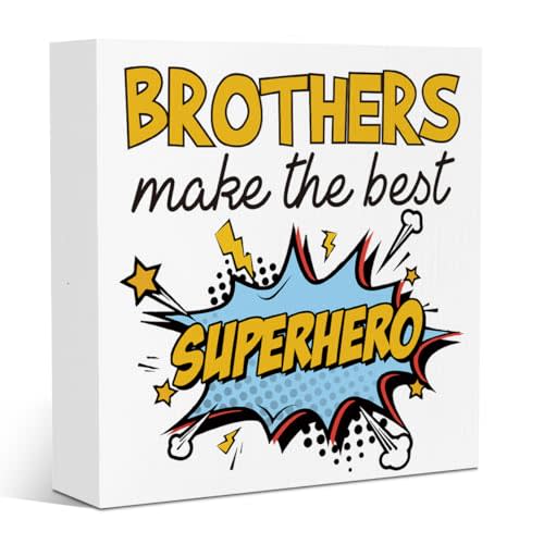 Brothers Make The Best Superhero Wooden Sign - Nursery Baby Boy Room Decor - New Sibling Gift for Toddler Kids, Comic Style Superhero Bedroom Decorations 5 x 5 inches