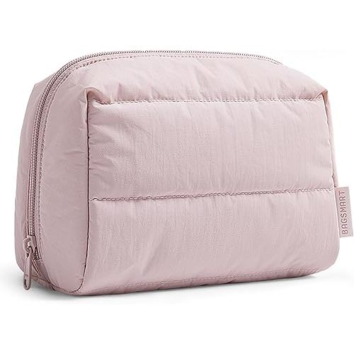 BAGSMART Puffy Makeup Bag, Wide Opening Cosmetic Bag Compact & Spacious, Water-Resistant Travel Organizer Pouches for Women (Baby Pink)
