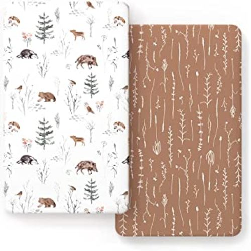 GRSSDER Stretch Ultra Soft Jersey Knit Fitted Crib Sheets Set 2 Pack，Fit All Standard Crib Mattress Pads Safe and Snug, Stylish Pattren of Jungle Animals