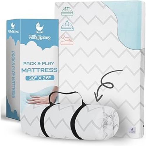Babylicious Waterproof Pack and Play Mattress Pad - 38" x 26" | Roll Up Style - Breathable Soft Memory Foam - Portable Mattress Topper- Baby Foam Mattresses for Babies - Includes Easy Carry Buckle