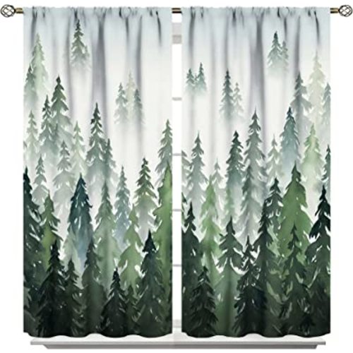 Exclusive Home Curtains Green Watercolor Forest Tree Silhouette Lightweight Curtain 55x63inch(140x160cm)