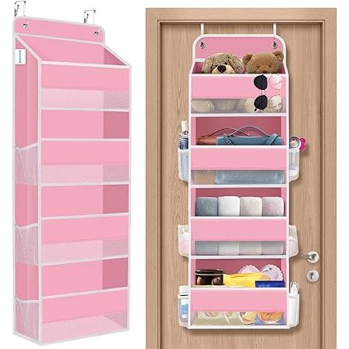 1 Pack Over The Door Organizer Hanging Storage Organizers with Clear Window 40lb Large Capacity Room Organizer for Pantry Laundry Bathroom Nursery Closet(Pink)
