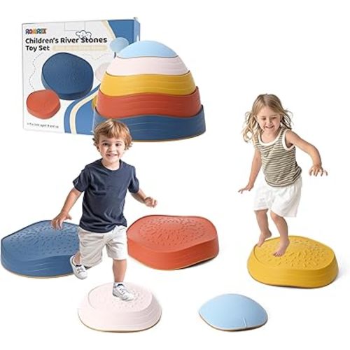 Balance Stepping Stones for Kids - romrex 5pcs Vibrant and Nature-Themed Balance Stones to Encourage Toddler Balance & Gross Motor Skills with Rubber Bottom and Embossed Surface
