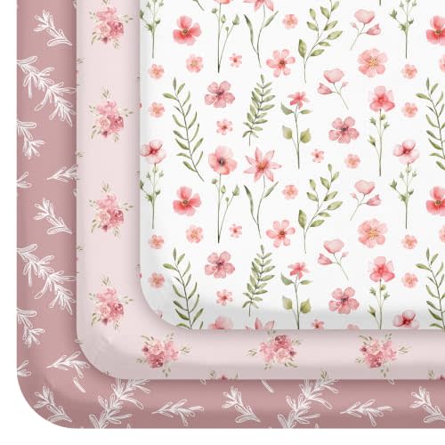 Pack and Play Mattress Sheets Fitted, 3 Pack Mini Crib Sheets | Stretchy Playard playpen Sheet, Compatible with Graco Pack N Play Mattress, Soft and Breathable Material, Pink Floral
