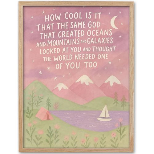 KensTro Natural OAK Wood Same God Creation Framed Wall Art,12x16in Inspirational Christian Bible Canvas Art,Mountain Nursery Decor,Pink Set of 1 for Christian Girl Bedroom Dorm for Girly Adoption Gift