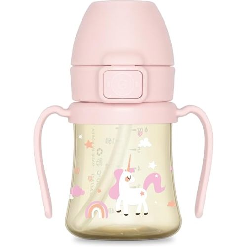 GROSMIMI Flip Top Spill Proof Sippy Cup, PPSU, BPA Free, 6 oz, Stage 2 Straw for Toddlers (Unicorn)
