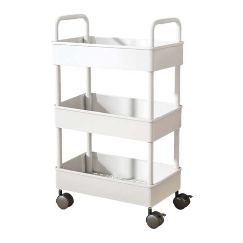 Kitchen Storage Cart, 3-Tier Rolling Cart With Armrests and Wheels for Bathroom and Toiletries Organization, White Utility Cart Featuring Durable Frame and Easy Assembly for Home and Office