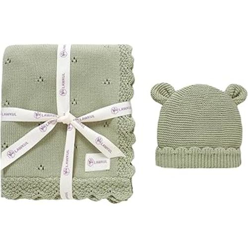 LAWKUL Baby Blanket & Beanie Hat Set 100% Organic Cotton Newborn Swaddle Beanie Soft Cozy for Infants Boy Girl Gift Green