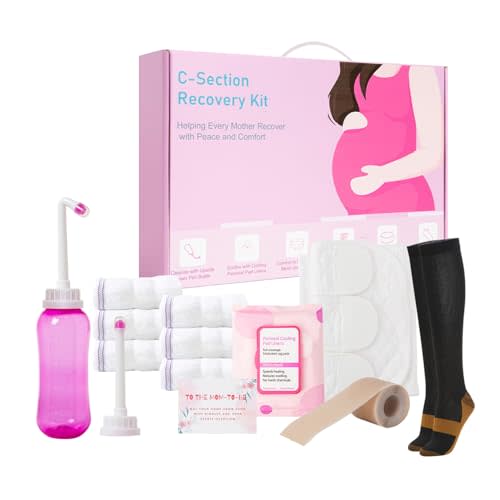 C Section Recovery Must Haves Kit - Peri Bottle,Disposable Mesh Underwears,Witch Hazel Pad Liners,Silicone Scar Patches, Abdominal Belly Binder,Socks,Postpartum Essentials Kit New Mom Gifts