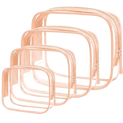 Clear Toiletry Bag, 4 Packs TSA Approved Water resistant Quart Size Travel Organizer, Airport Airline Travel Essential Carry On Makeup Cosmetic Bags for Women (Light Pink, Pack of 4)