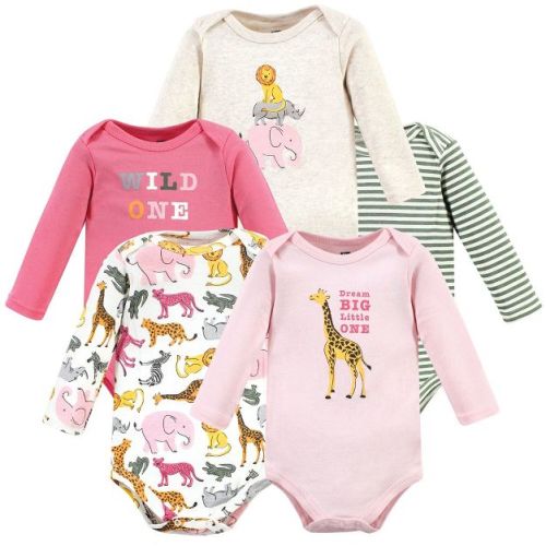 Hudson Baby Infant Girl Cotton Long-Sleeve Bodysuits, Colorful Safari, 0-3 Months