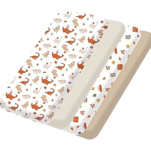 Bimocosy Mini Crib Sheets,Pack and Play Sheets for Baby Girl Boy 4 Pack,Size 38"x 26" for Playard Mattress,Portable Mini Crib,Soft Pack N Play Sheets Fitted, Dinosaur/Leaves/Khaki/Ivory