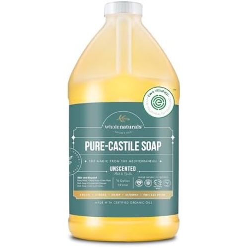 WHOLENATURALS Pure Castile Soap Liquid, EWG Verified & Certified Palm Oil Free Unscented, Natural, Mild & Gentle Non-gmo & Vegan - Organic Body Wash, Laundry, Pet/Dog and Baby Soap - 64 Fl Oz